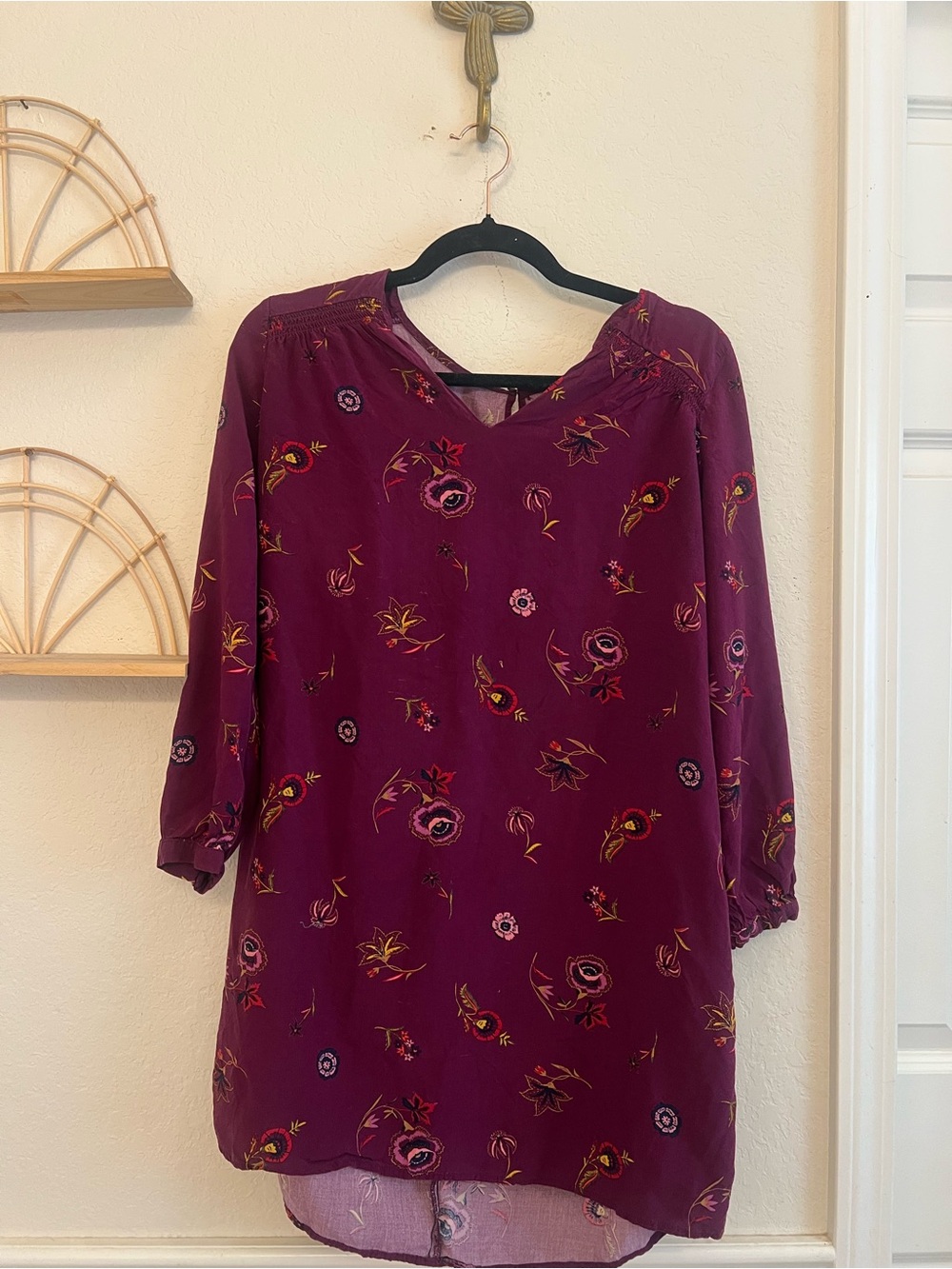 Old Navy Burgundy Floral Shift Dress Size M Boho 3/4 Sleeve Tunic Dress